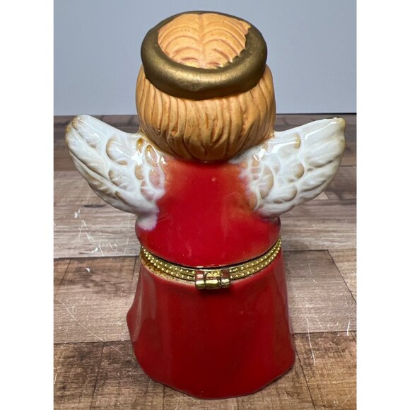 Ceramic Angel Figurine Red & Gold Hand-Painted Trinket Box Hinged - Picture 2 of 4